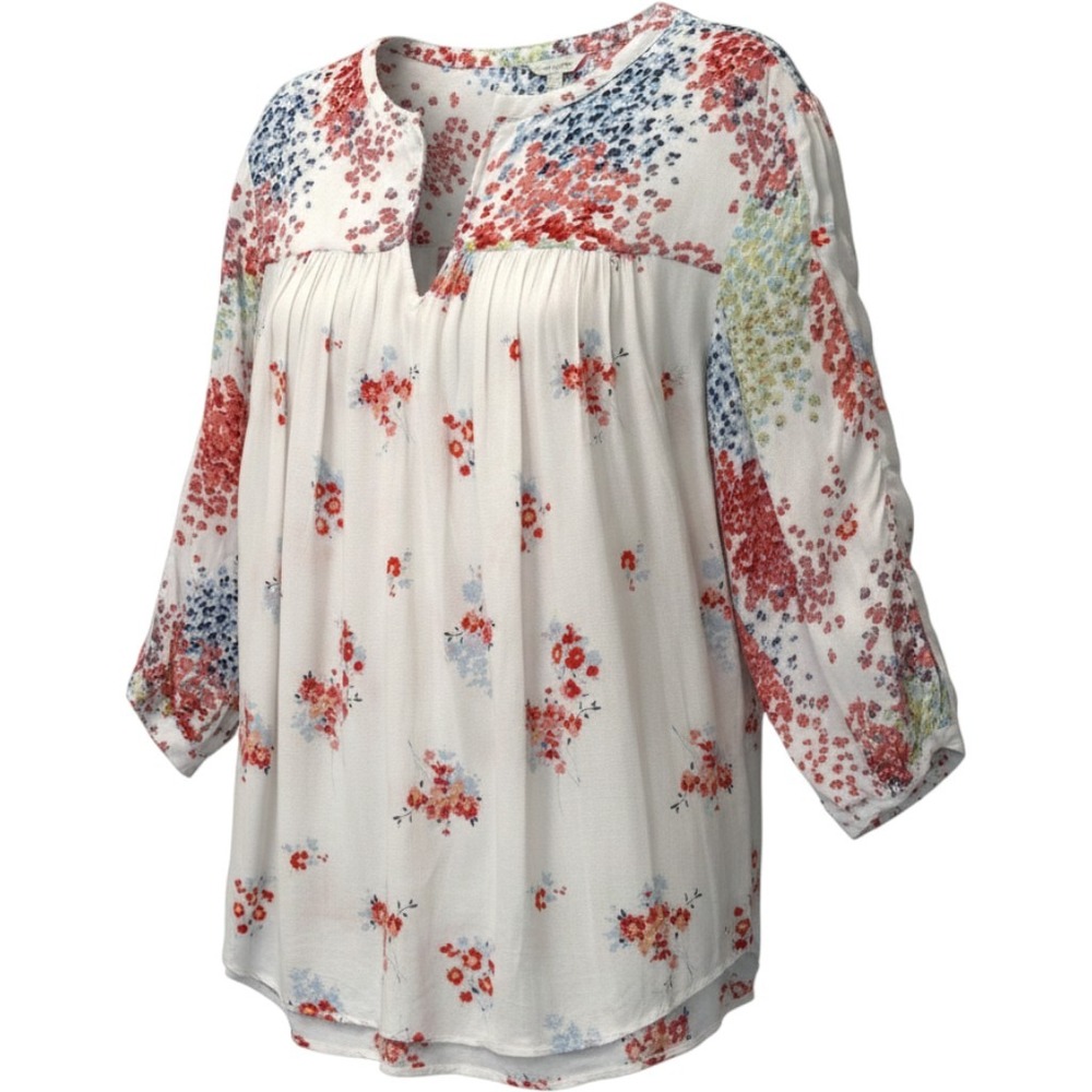Lucky Brand Women 3X Floral Peasant Top White Red Blue 3/4 Sleeve Pleated Blouse